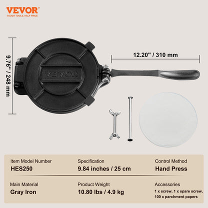 Cast Iron Tortilla Press 10-Inch packaging view, cast iron tortilla press