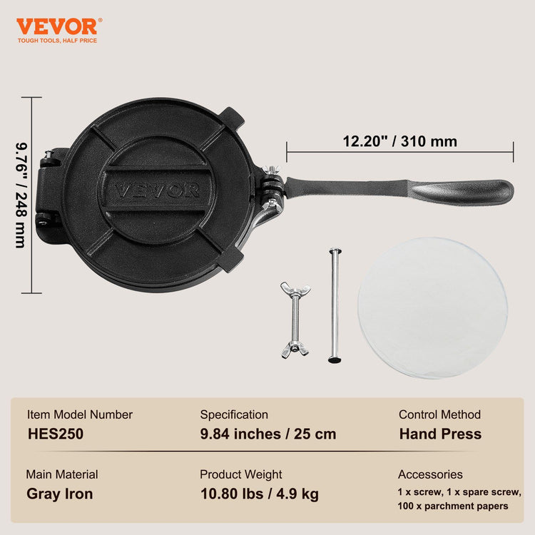 Cast Iron Tortilla Press 10-Inch packaging view, cast iron tortilla press