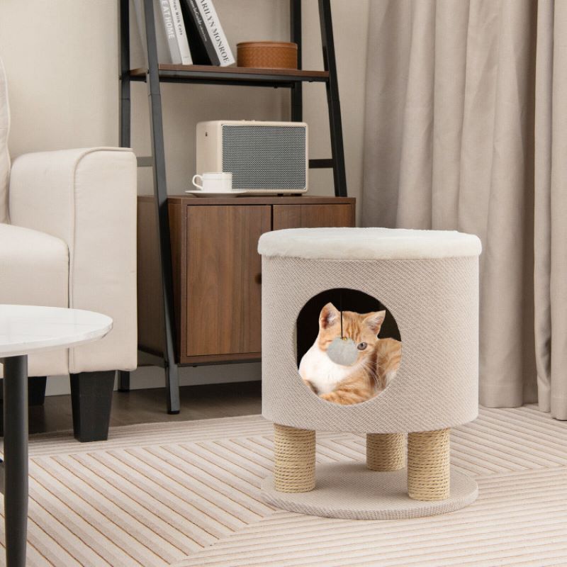 Cat bed with side scratching posts in Beige