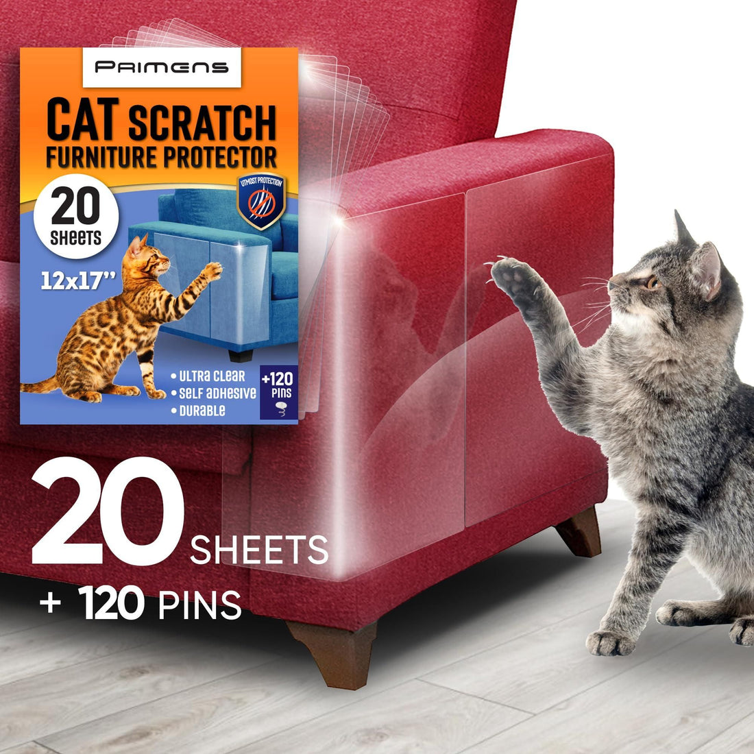 Clear adhesive scratch protector sheets applied to the corner of a red upholstered armchair