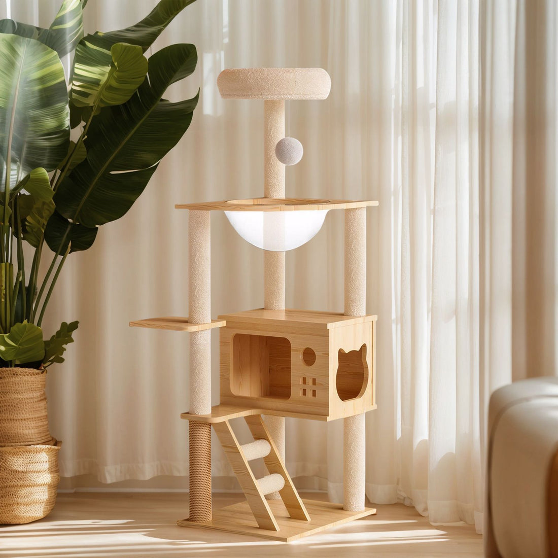 Cat tree with acrylic hammock, full view