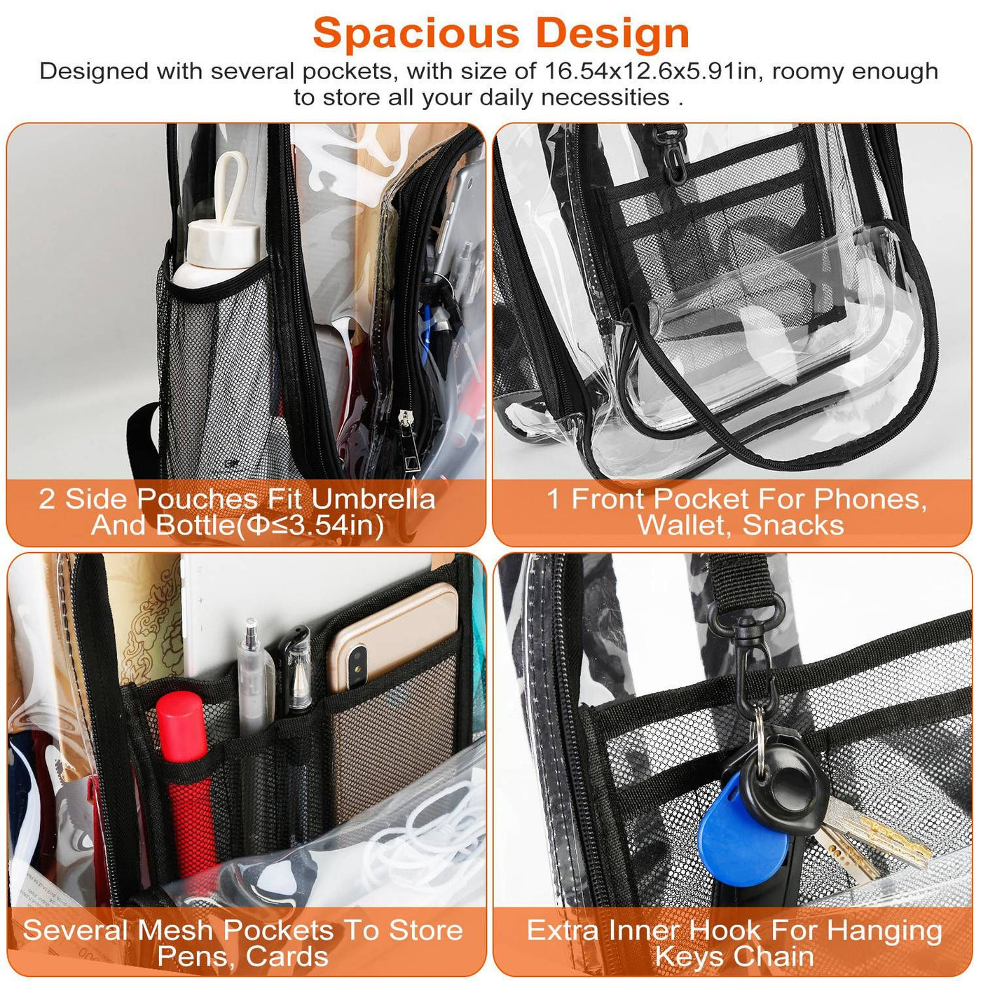 Transparent PVC backpack interior compartment shown empty
