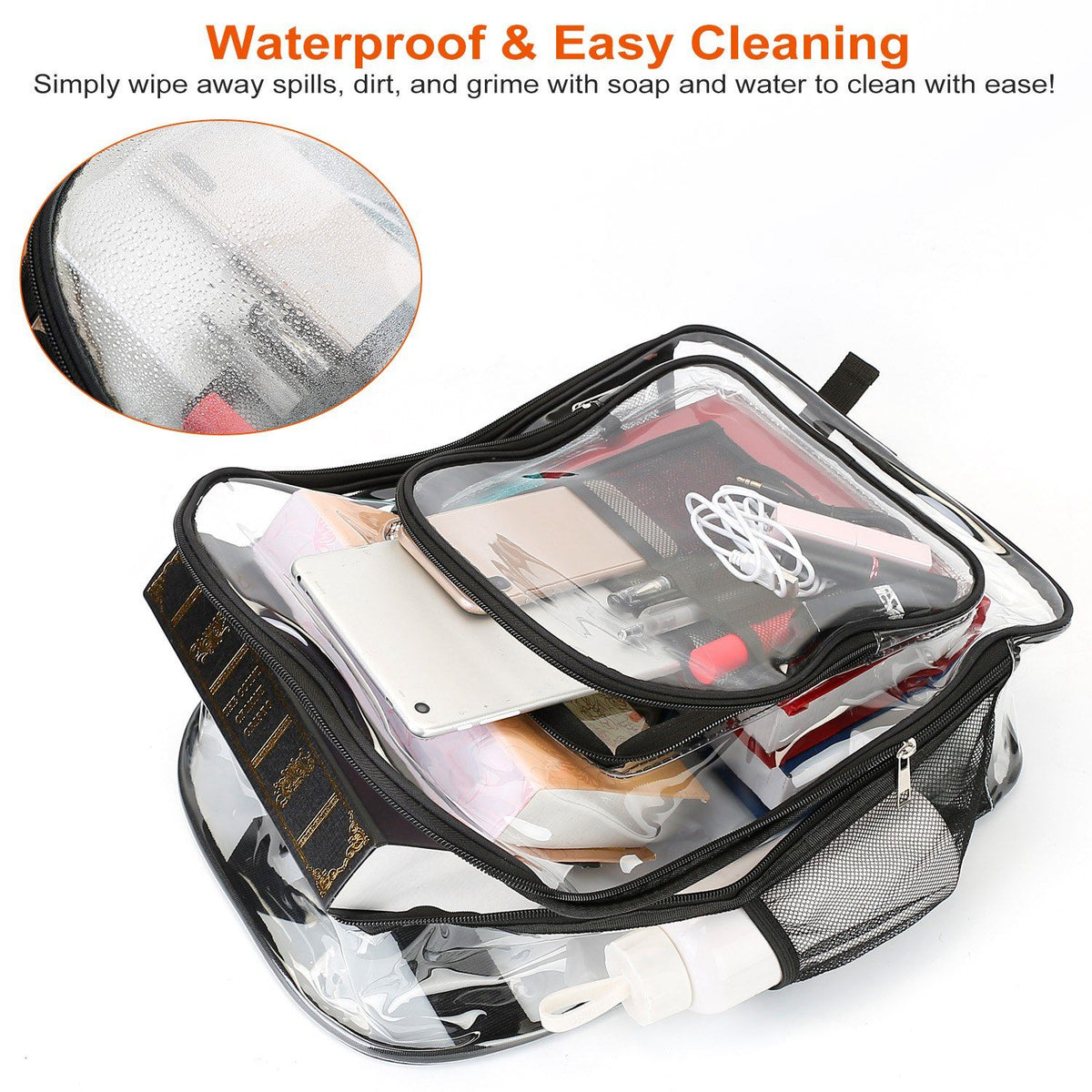 Clear PVC backpack with books and supplies visible inside