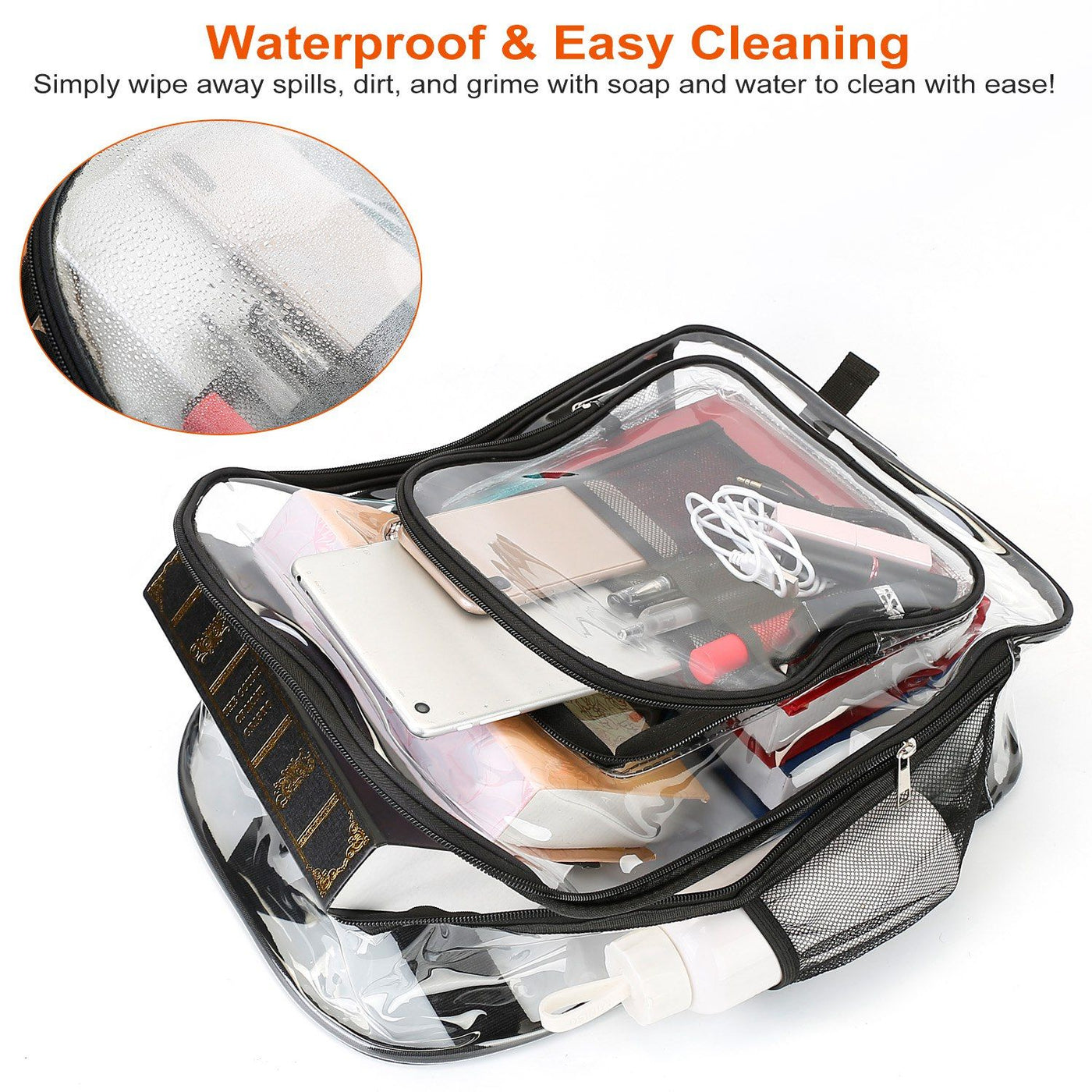 Clear PVC backpack with books and supplies visible inside