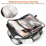 Clear PVC backpack with books and supplies visible inside