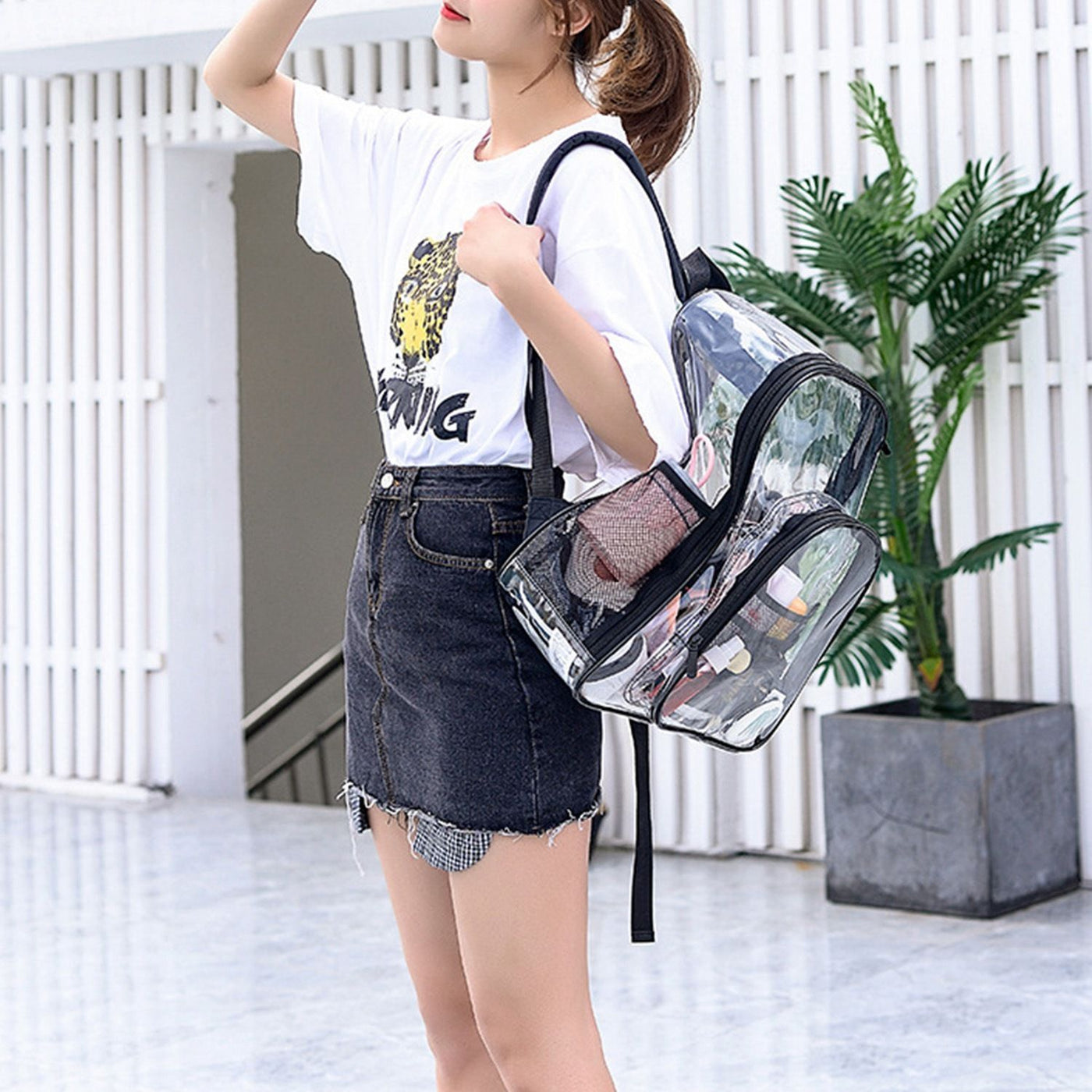 Clear PVC backpack base showing reinforced stitching
