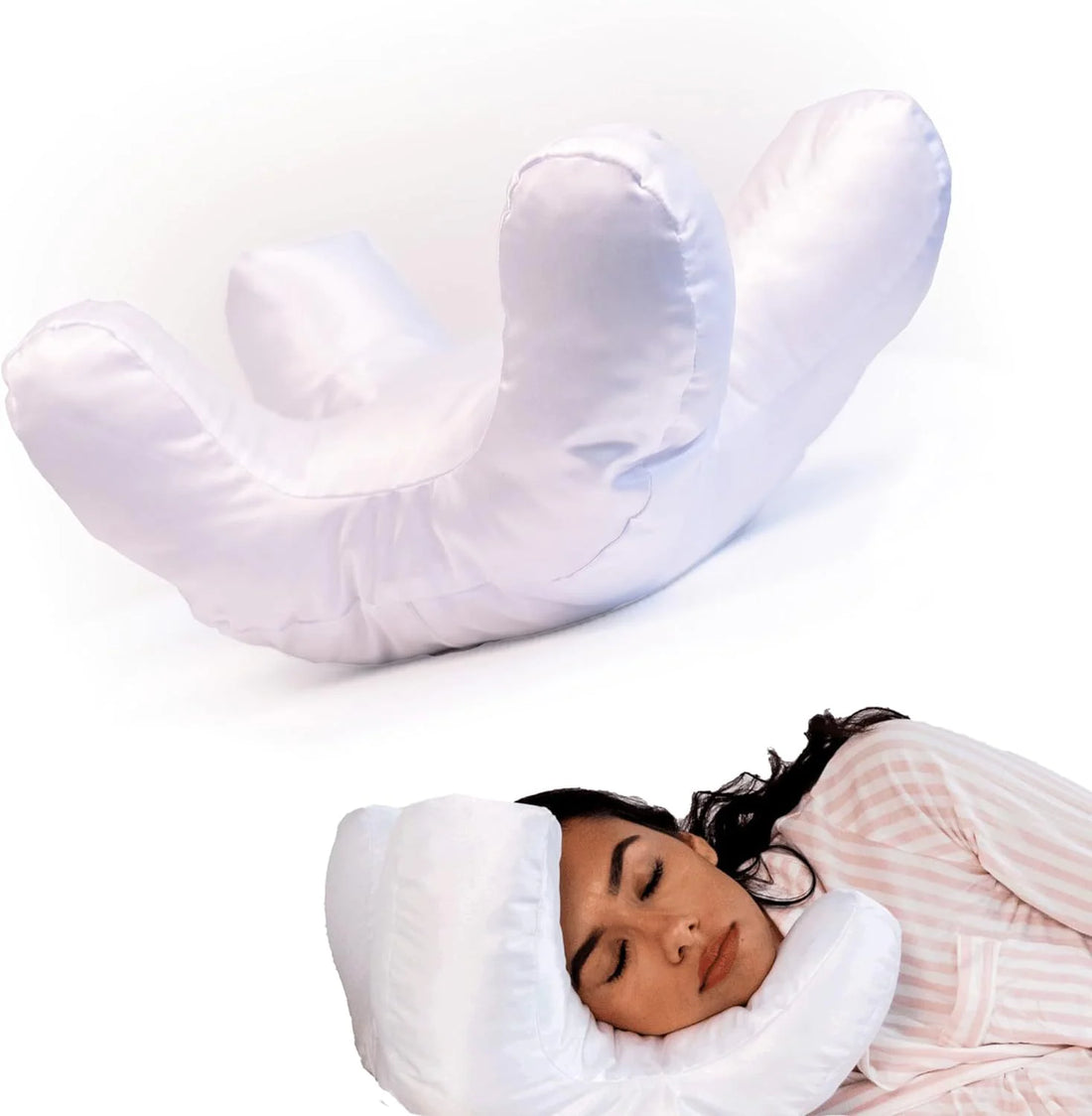 SilkGlow beauty sleep pillow shown from above with ear cutouts