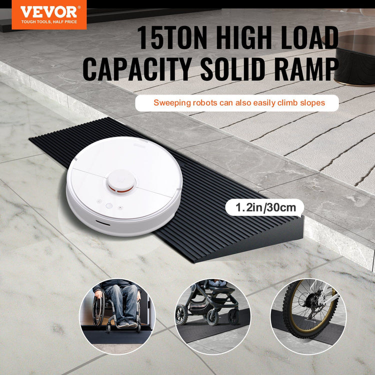 Cuttable rubber threshold ramp with a beveled non-slip surface bridging a doorway height gap