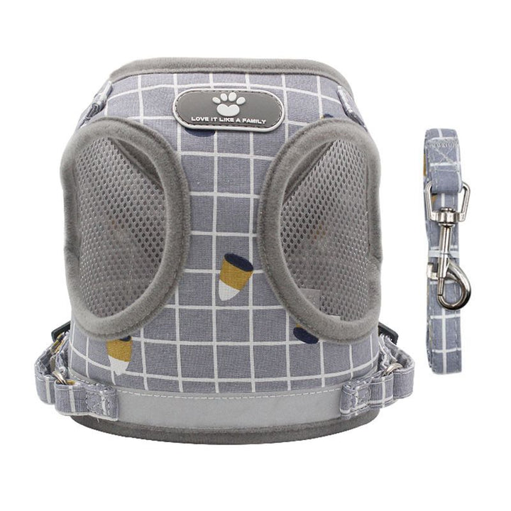 Reflective strips on dog harness vest close-up