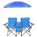 Two blue folding chairs joined by a center console with a shared umbrella and mesh cup holders in each armrest