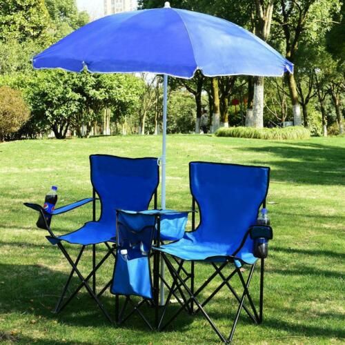 Blue double folding picnic chair with umbrella shown fully open