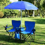 Blue double folding picnic chair with umbrella shown fully open
