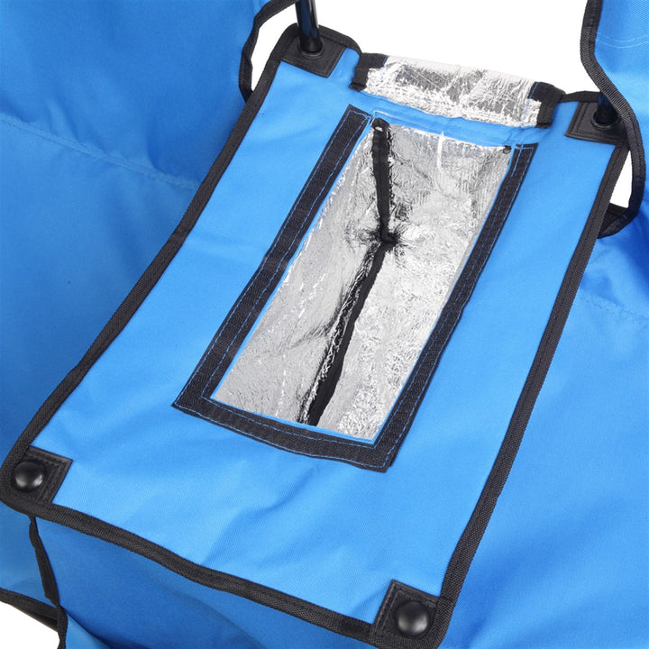 Blue double folding picnic chair umbrella detail view