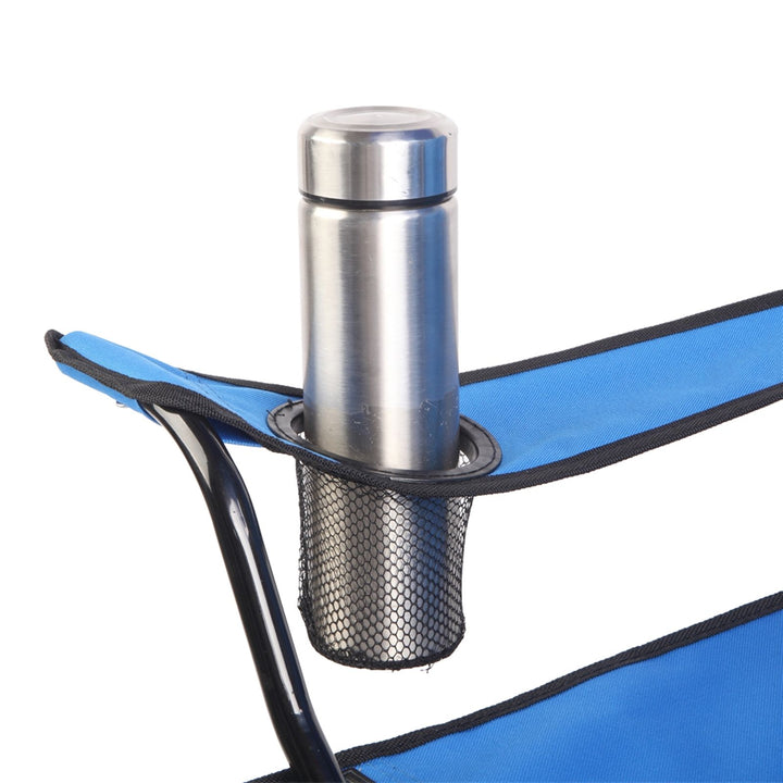 Blue double folding picnic chair packed in included carry bag