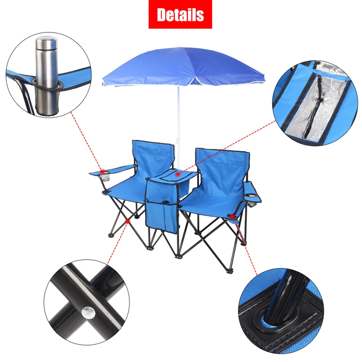 Blue double folding picnic chair set up outdoors at the beach