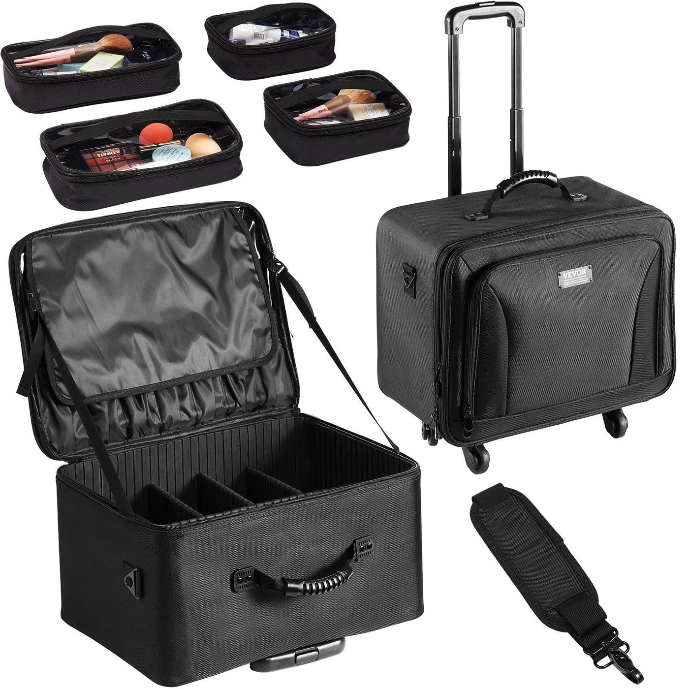 Rolling Makeup Train Case packed with makeup and brushes