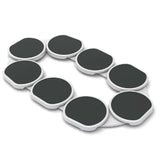 Eight connected turntable discs shown empty in an oval ring