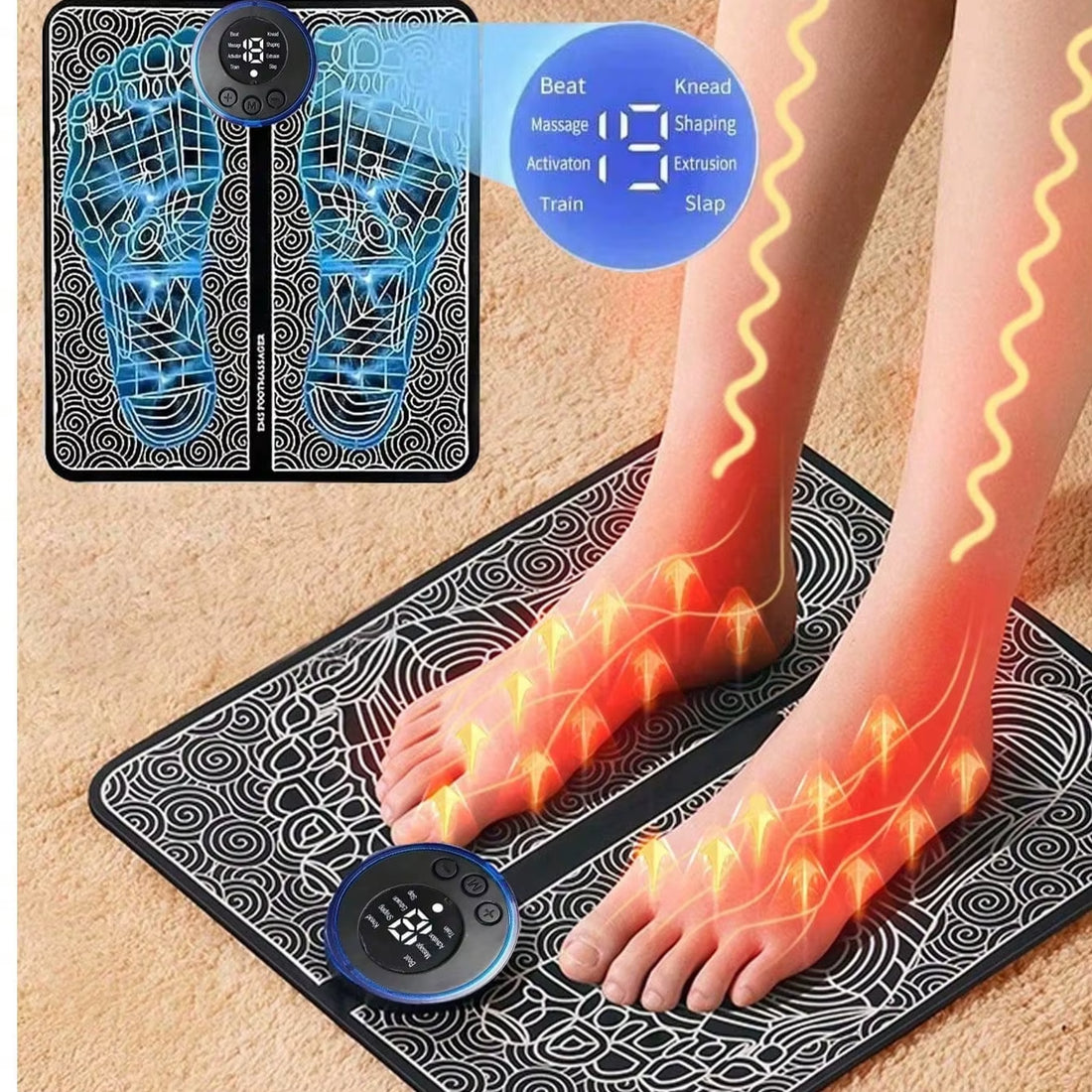 Black swirl-pattern EMS foot massage mat with printed foot outlines and a round mode-select remote