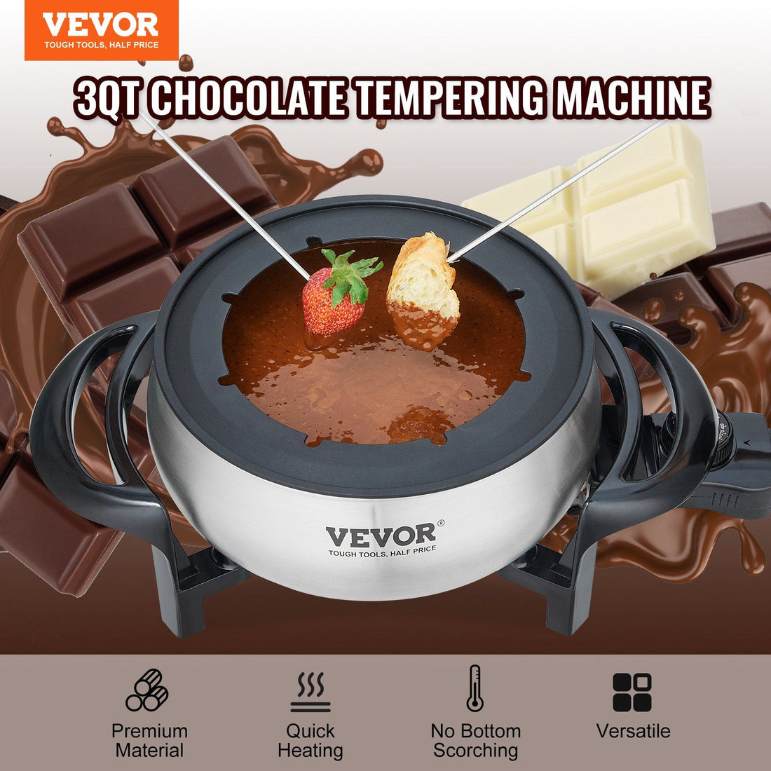 Electric fondue pot set 8 color-coded forks laid out