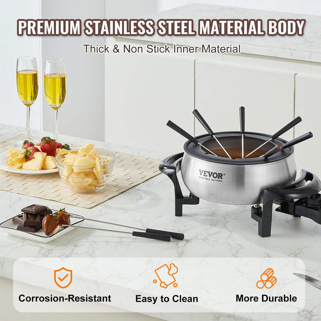 Electric fondue pot set with cheese fondue in use