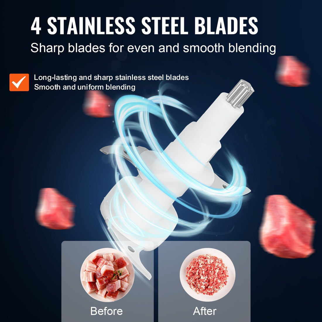 Close up of the 4-wing stainless steel blade inside the glass bowl