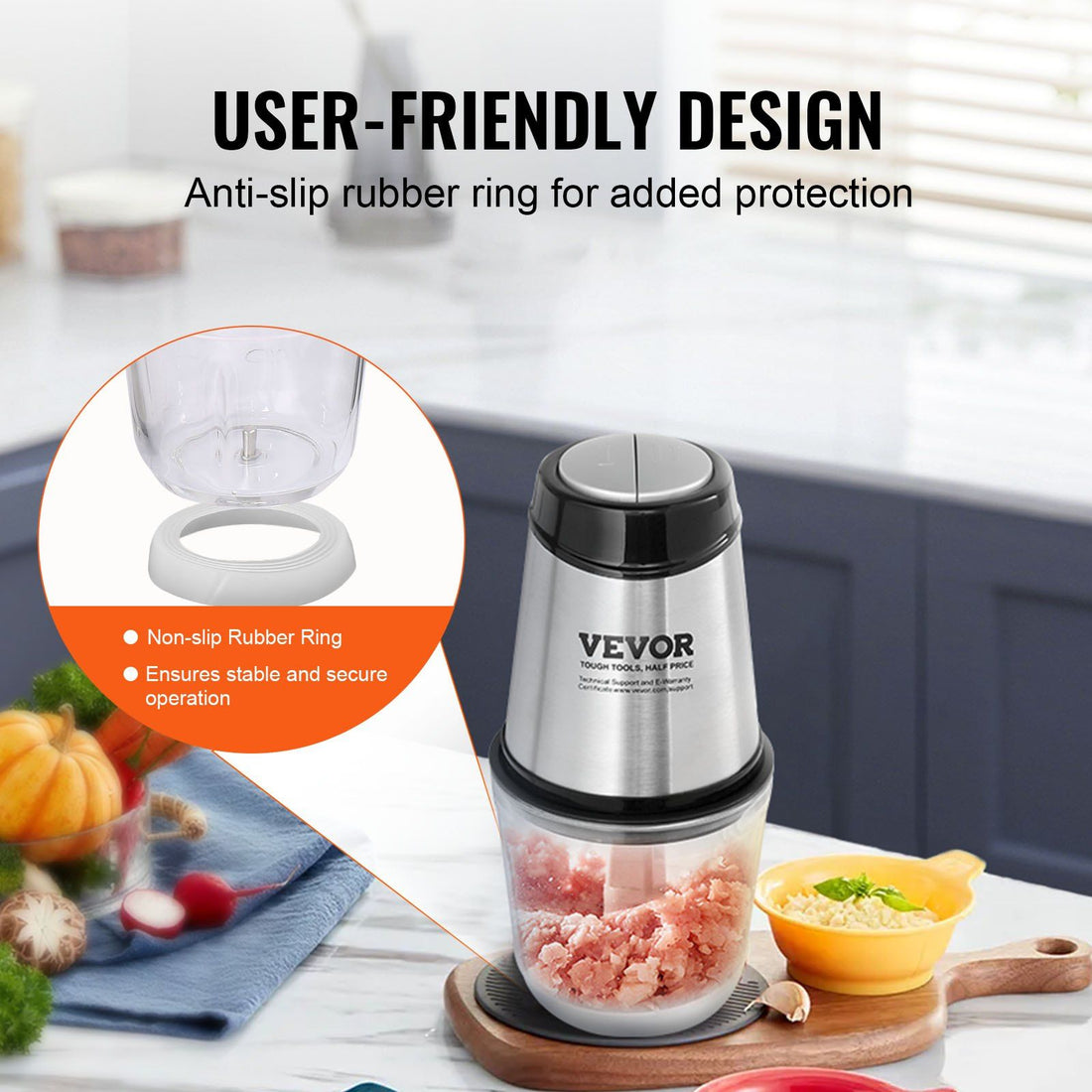 Food processor shown from the back to show the power base and cord
