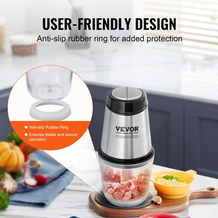 Food processor shown from the back to show the power base and cord