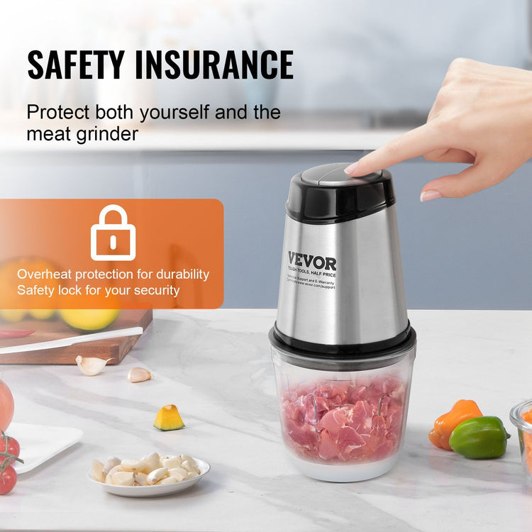 Electric food processor meat grinder shown with its retail packaging