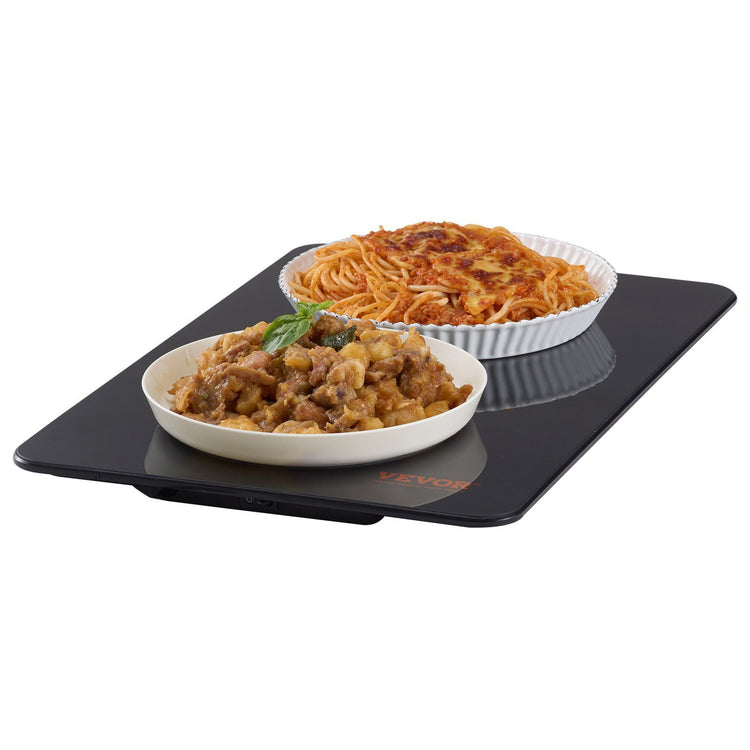 Flat black glass electric warming tray holding two ceramic dishes, with a slim toggle switch along its front edge