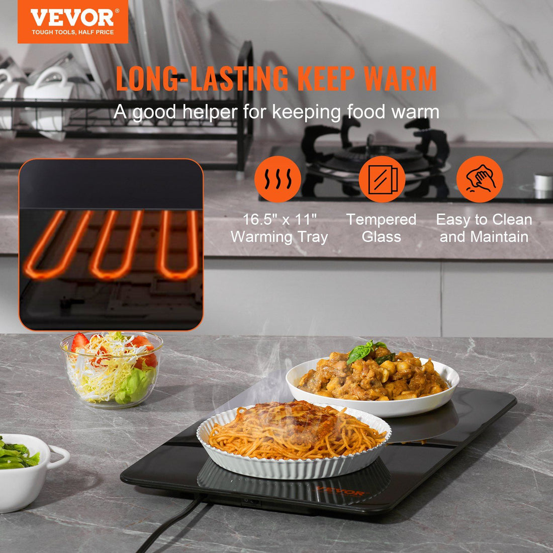 Electric food warming tray, portable, 16.5 by 11 inch surface, secondary angle