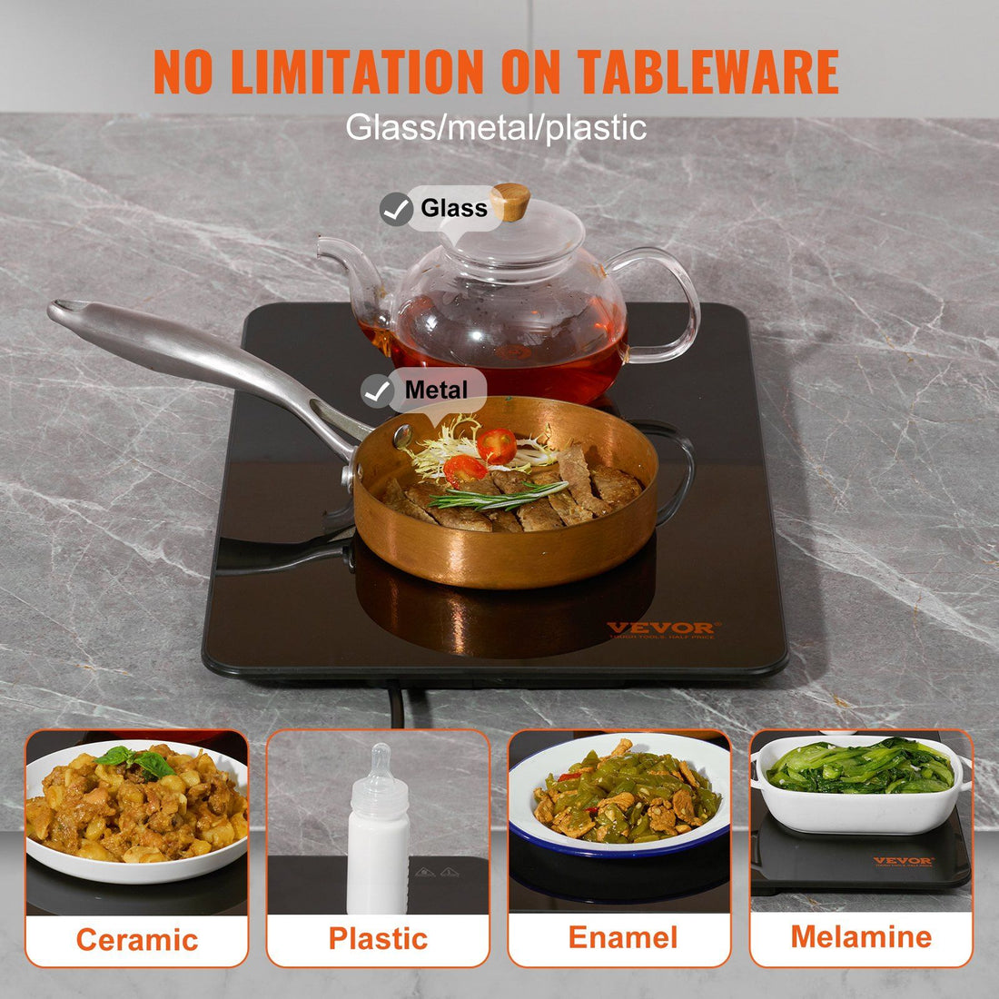 Electric food warming tray, portable, 16.5 by 11 inch surface, in-use view