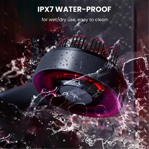 IPX7 waterproof scalp massage brush in a bathroom setting