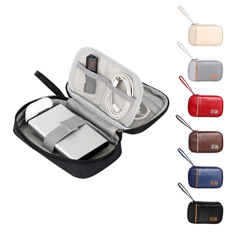 Travel tech pouch packed with electronics for daily commute