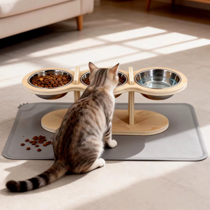 Elevated Cat Feeder Stand with cat dish mat configuration