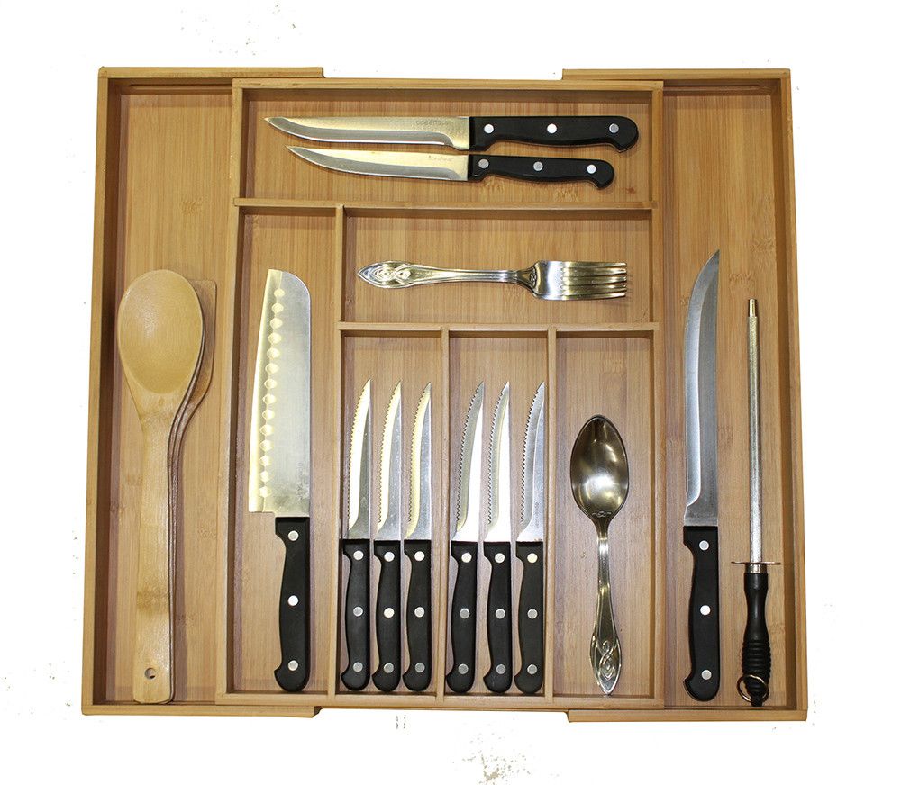 Expandable Bamboo Utensil Drawer Organizer in-use view