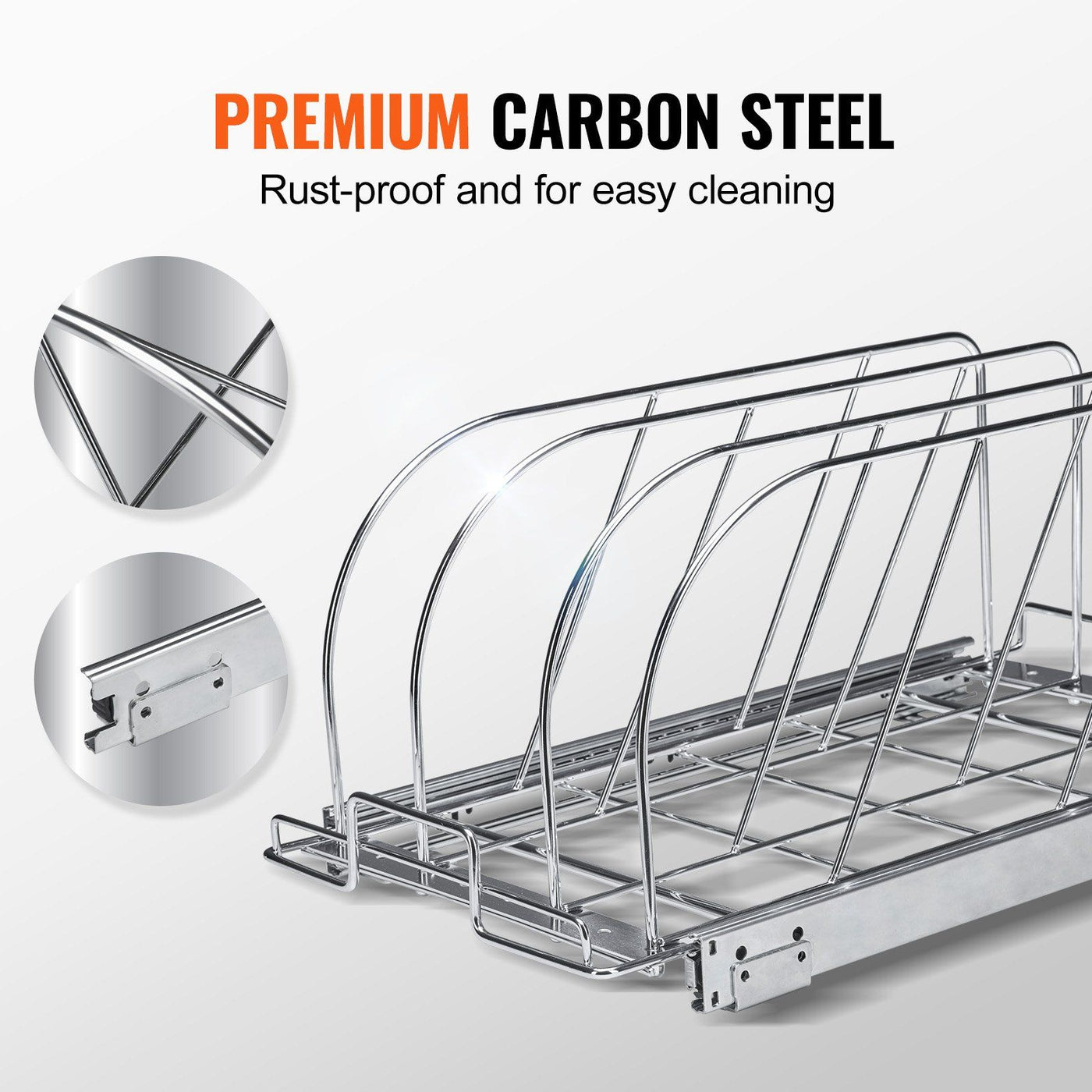 Expandable Pan and Pot Organizer Rack in use scene. expandable pan and pot organizer rack