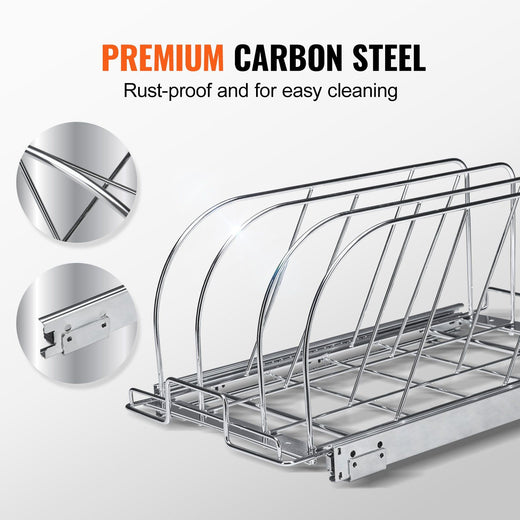 Expandable Pan and Pot Organizer Rack in use scene. expandable pan and pot organizer rack