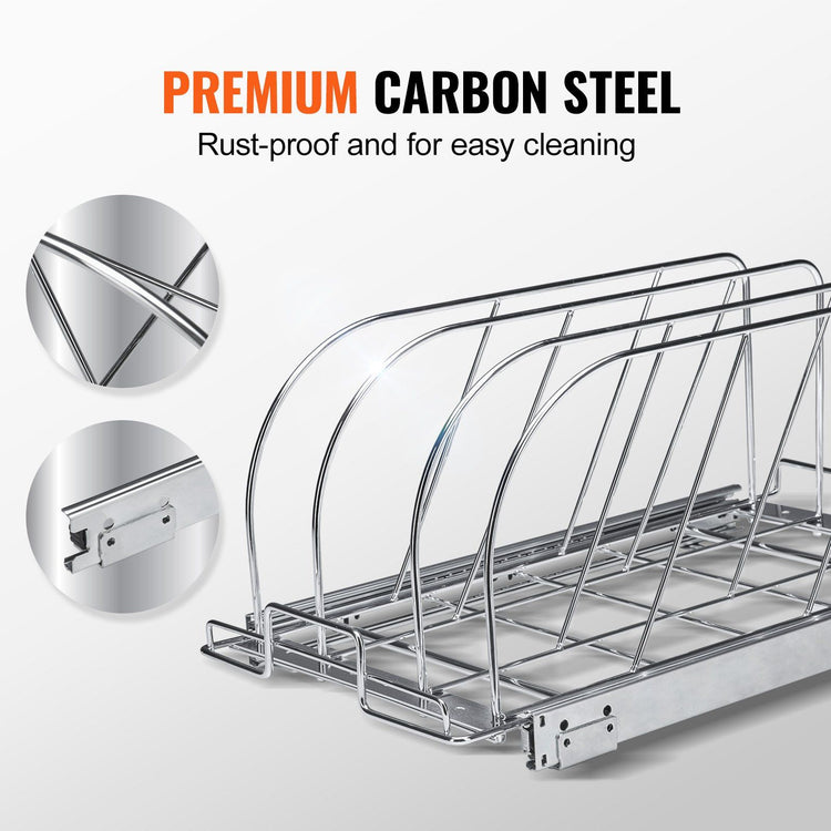 Expandable Pan and Pot Organizer Rack in use scene. expandable pan and pot organizer rack