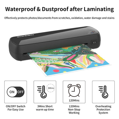 fast warm-up laminator machine size scale on a small office shelf