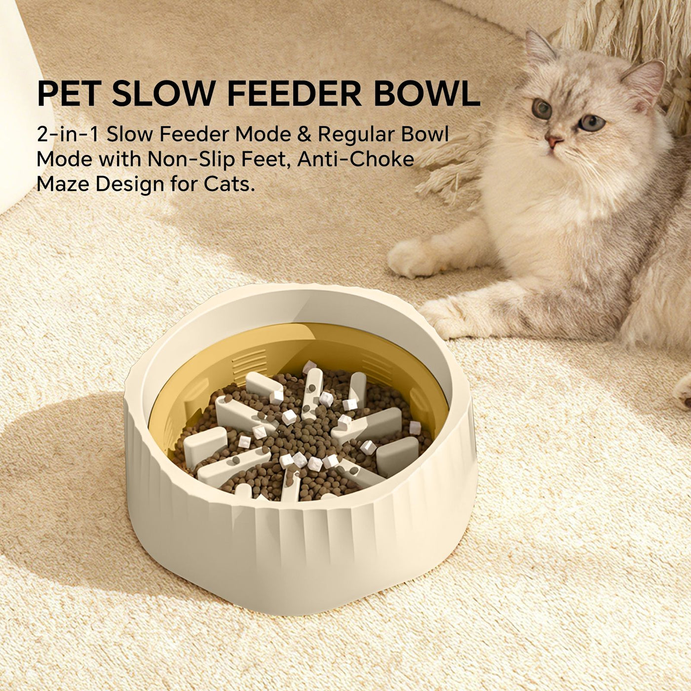 Slow feeder dog bowl with puzzle ridges maze side