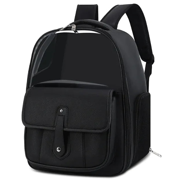 Black PU leather cat backpack carrier shown from the side with the window closed
