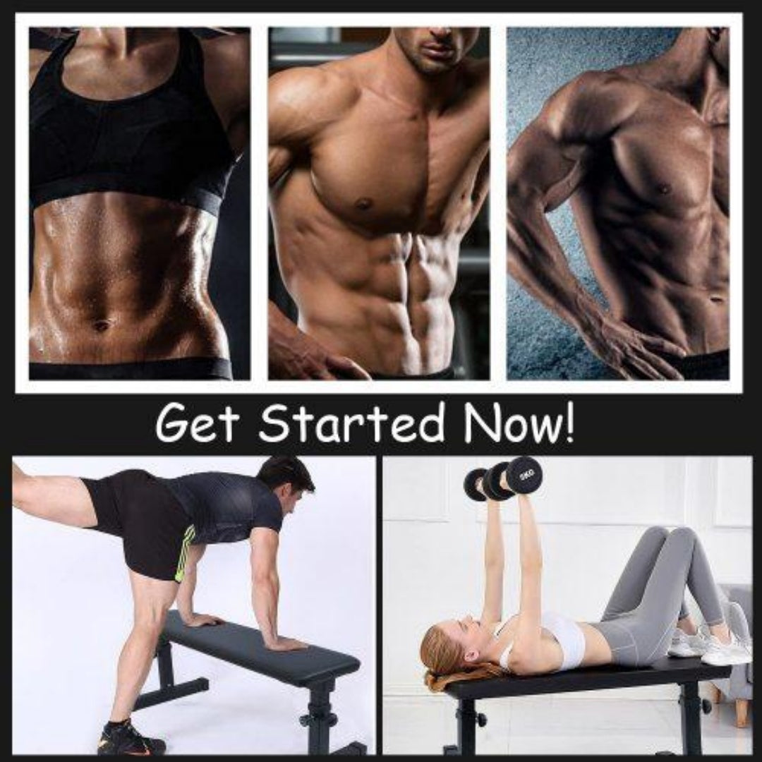 Black flat weight bench with folding metal legs, shown supporting a kneeling row and a dumbbell chest press