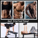 Black flat weight bench with folding metal legs, shown supporting a kneeling row and a dumbbell chest press