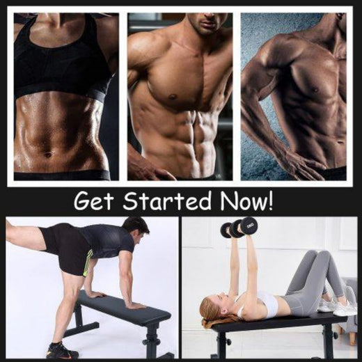Black flat weight bench with folding metal legs, shown supporting a kneeling row and a dumbbell chest press