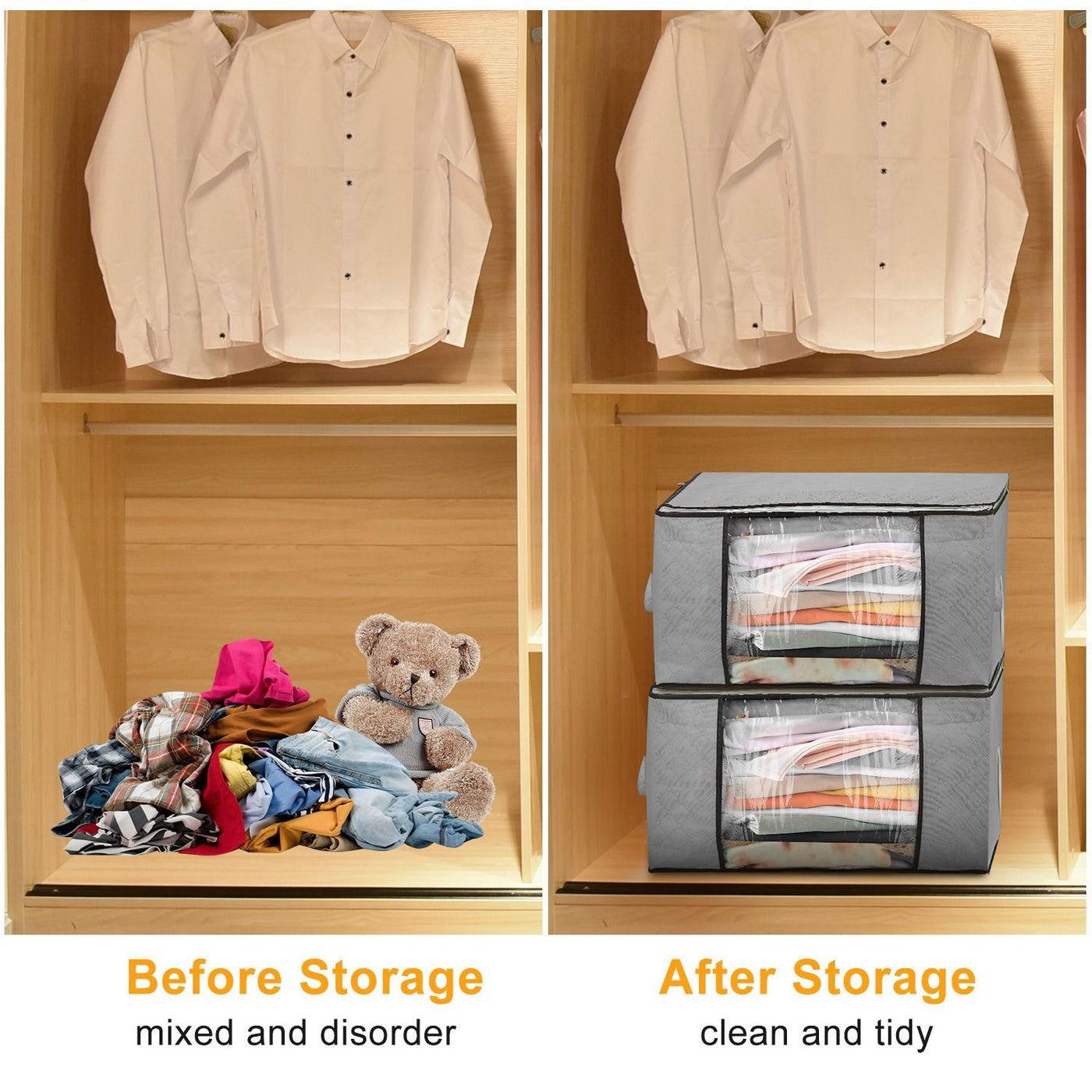 Clear viewing window detail on foldable clothes storage bag