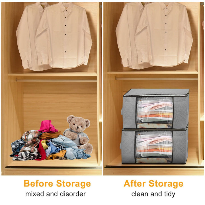 Clear viewing window detail on foldable clothes storage bag