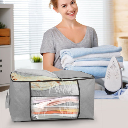 Foldable clothes storage bag shown holding folded garments