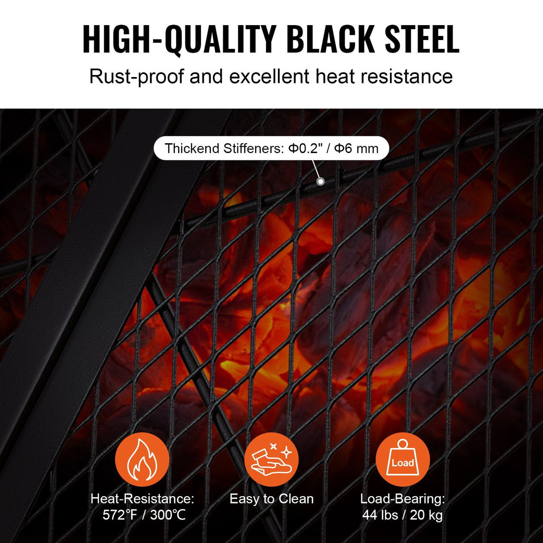 Foldable Fire Pit Grill Grate in-use view, foldable fire pit grill grate