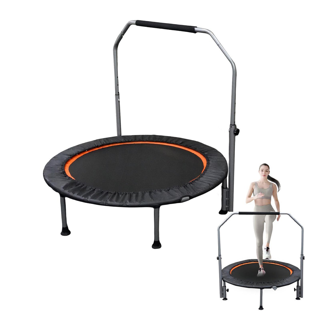 48-inch rebounder trampoline with adjustable handle in living room