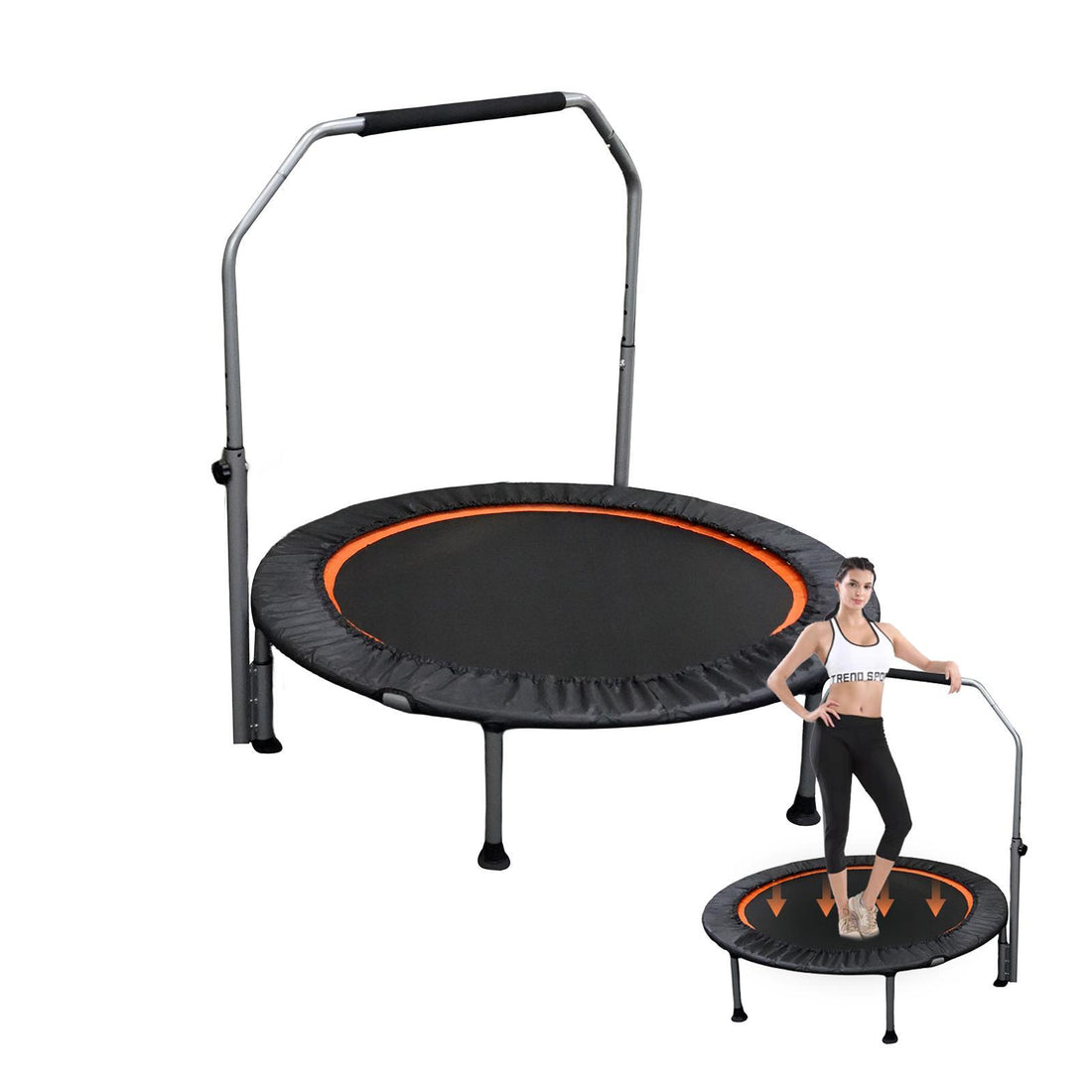Person bouncing on the mini trampoline holding the handle